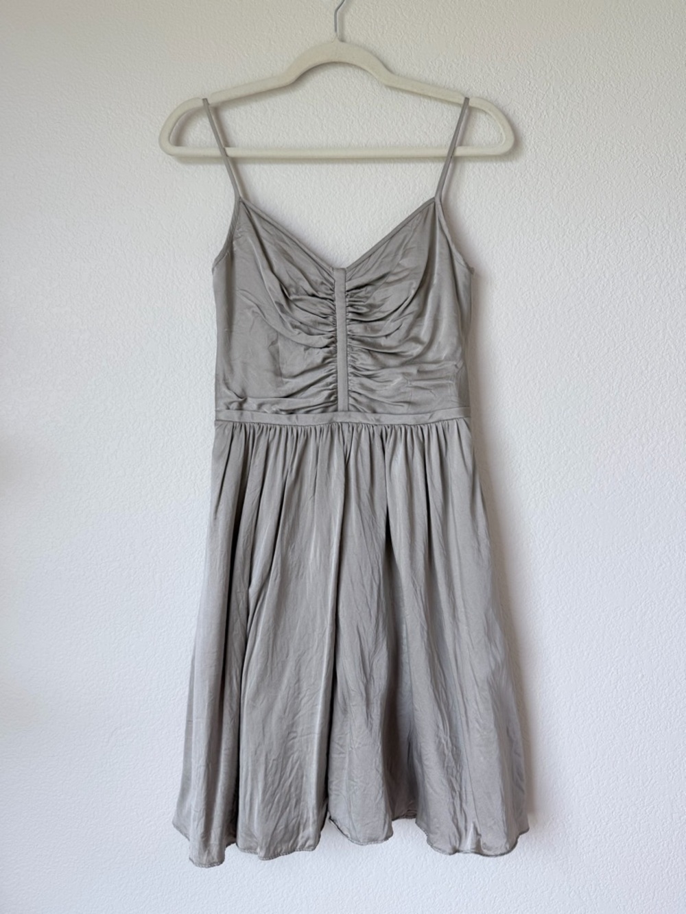Banana Republic 100% Silk Ruched V-Neck Mini Dress Gray Spaghetti Strap